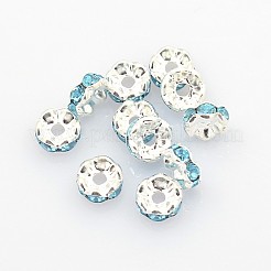真鍮製A級ラインストーンスペーサービーズ  ウェーブエッジ  ロンデル  ニッケルフリー  銀  アクアマリン  6x3mm  穴：1mm&nbsp;RSB028NF-13