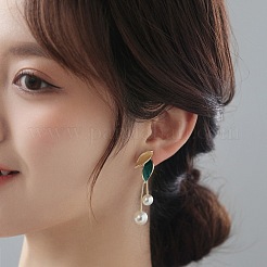 合金エナメル＆プラスチックパールスタッドピアス  葉  ゴールドカラー  グリーン  65x14mm&nbsp;WG48C65-02