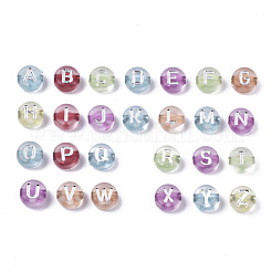 透明なアクリルビーズ  水平穴  銀メッキの文字でフラットラウンド  ミックスカラー  7x4mm  穴：1.5mm  3700個/約500g&nbsp;PACR-N006-002