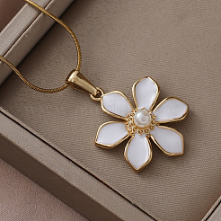 304ステンレススチールエナメル、模造真珠の桜の花のペンダントネックレス（女性用）  ホワイト  ゴールドカラー  15.75インチ（40cm）&nbsp;LS-RN9489