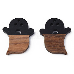 ハロウィーンのテーマの樹脂とクルミの木のペンダント  ゴースト  ブラック  28.5x22.5x3mm  穴：1.8mm&nbsp;RESI-N025-026-B01