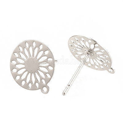 真鍮製スタッドピアスパーツ  カン付き  フラットラウンド  ニッケルフリー  プラチナメッキ  12.5x11mm  穴：1mm  ピン：0.6mm&nbsp;X-KK-S345-261-1