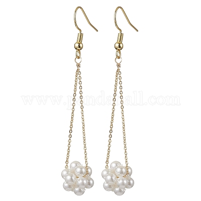 Shell Pearl Beads & Brass Cable Chain Dangle Earrings&nbsp;EJEW-TA00570-1