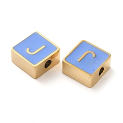 304ステンレススチールエナメルビーズ  14KGP本金メッキ  文字のある正方形  文字J  8x8x4mm  穴：2mm&nbsp;STAS-L022-293G-J