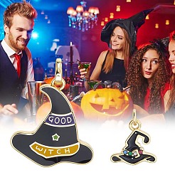 ハロウィンラックメッキ真鍮エナメルペンダント7個、2スタイル  長持ちメッキ  鉛フリー＆カドミウムフリー  18KGP本金メッキ  魔女の帽子  ブラック  27x24.8x2mm  穴：5x3.5mm&nbsp;KK-BBC0020-55