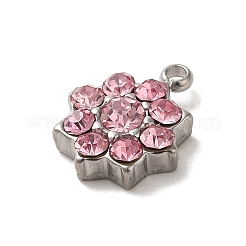 304ステンレススチール、ローズガラスラインストーンチャーム付き  花のチャーム  ステンレス鋼色  12x10x3.5mm  穴：1.4mm&nbsp;STAS-L022-264P-02