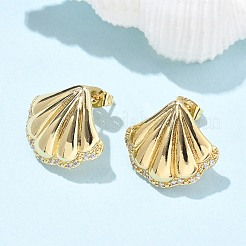 真鍮クリアキュービックジルコニアスタッドピアス  18KGP本金メッキ  シェル形状  19x21mm&nbsp;LS-EJEW-Q017-05B-G