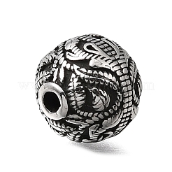 刻印入り304ステンレススチールビーズ  ドラゴン模様をラウンド  アンティークシルバー  10.5x10mm  穴：1.8mm&nbsp;STAS-H263-17AS-13
