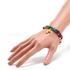 Natural Mashan Jade Skull Beaded Stretch Bracelet with Synthetic Turquoise(Dyed) Cross Charm&nbsp;BJEW-JB08372