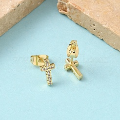 Cross Brass Micro Pave Clear Cubic Zirconia Stud Earrings&nbsp;EJEW-Z144-25G