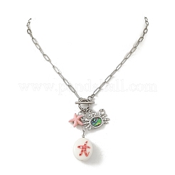 Handmade Porcelain Oval with Starfsih & 304 Stainless Steel Sea Animals Pendant Necklaces with OT Clasps&nbsp;NJEW-JN06563