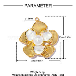 304ステンレススチールエナメルペンダント  花のチャーム  ABSの模造パールと  イオンプレーティング（ip）  ホワイト  18KGP本金メッキ  23x22mm  穴：1.6mm&nbsp;STAS-OY019-33G