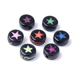 不透明な黒のアクリルビーズ  混合色の星が付いているフラットラウンド  7x3.5mm  穴：1.5mm  約3600個/500g&nbsp;MACR-S273-44