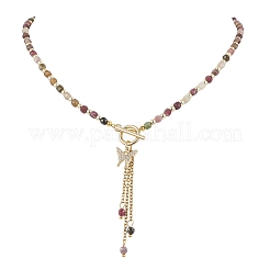 Natural Multicolor Tourmaline Faceted Cube Beaded Brass Micro Pave Clear Cubic Zirconia Butterfly Pendant OT Lariat Necklaces for Women&nbsp;NJEW-JN05807