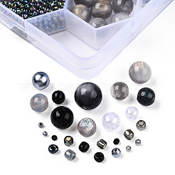 DIY 24 スタイル アクリル & 樹脂ビーズ ジュエリー作り ファインディング キット  ラウンド＆ライス  ブラック  2.2~12x1.5~11.5mm  穴：0.7~2.2mm&nbsp;DIY-NB0012-01B