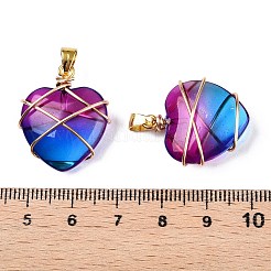 ランプワークペンダント  銅線で巻いたハートチャーム  ゴールドカラー  藤紫色  24x21x9mm  穴：4x6mm&nbsp;GLAA-T023-05L