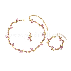 Flower Alloy Rhinestone Link Chain Necklaces & Bracelets & Stud Dangle Earrings Sets&nbsp;FS-WG778CB-01