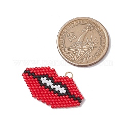 手作りガラスシードビーズリップペンダント  織機模様  丸カン付き  ゴールドカラー  レッド  18x33x1.5mm  穴：3mm&nbsp;PALLOY-CJ00136