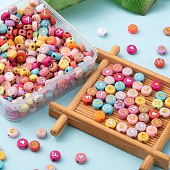 5スタイルの不透明な混合色のアクリルビーズ  ライン入り  混合文字でフラットラウンド  ミックスカラー  6.5~7x3~4mm  穴：1.5~1.8mm  約50g/ボックス  405個/ 50g&nbsp;MACR-FS0001-13