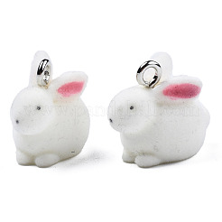 フロッキー樹脂ペンダント  プラチナメッキ鉄ループ付き  兎  フラミンゴ  18x23x12mm  穴：2.5mm&nbsp;RESI-N032-10
