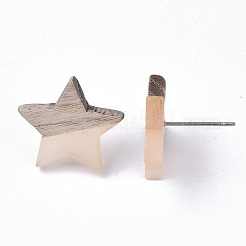透明樹脂＆ウッドスタッドピアス  304ステンレスピン付き  スター  桃パフ  17x18mm  ピン：0.7mm&nbsp;EJEW-N017-001A-D08