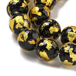 手作りシルバー/金箔lampworkビーズ連売り  ラウンド  ゴールド  10.5~11x10mm  穴：1.5~1.6mm  約50個/連  19.53インチ（49.6cm）&nbsp;LAMP-L079-07D