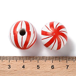 プリントウッドヨーロピアンビーズ  縞模様の丸い  レッド  20x18mm  穴：4mm&nbsp;WOOD-Z002-13D