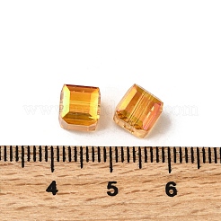 電気メッキガラスビーズ  キューブ  多面カット  半分メッキ  ゴールデンロッド  7x7x7mm  穴：1.6mm&nbsp;EGLA-G040-01A-HP01