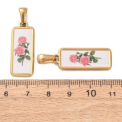 304ステンレスペンダント  花のチャームが付いた長方形  ゴールドカラー  28.5x11.5x2mm  穴：3x6.5mm&nbsp;STAS-D267-02F-G