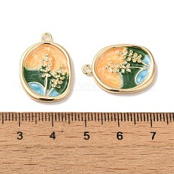 真鍮製エナメルペンダント  フラワーチャーム付きオーバル  18KGP本金メッキ  23x16x2mm  穴：2mm&nbsp;X-KK-S368-09G