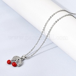 Brass Micro Pave Clear Cubic Zirconia Enamel Red Cherry Pendant 304 Stainless Steel Cable Chain Necklaces for Women&nbsp;NJEW-H092-04P