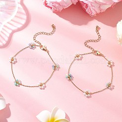 ガラスとABSプラスチックの模造真珠ビーズリンクブレスレット  女性用304ステンレススチールアズキチェーンブレスレット  花  カラフル  7-3/8インチ（18.8cm）&nbsp;BJEW-JB12572-02