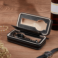 長方形 2 スロット pu レザー時計収納ジッパー ボックス  ポータブルトラベル腕時計オーガナイザーケース  最大2個の時計収納を保持  ブラック  8.5x18x5.8cm&nbsp;CON-WH0094-08A