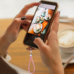 PUレザー編みのリストストラップハンドモバイルストラップ1セット  鉄パーツ  ロープとガラスの花のチャーム  ミックスカラー  21.5cm  8個/セット&nbsp;HJEW-FH0006-50