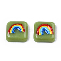 不透明な樹脂エナメルカボション  カラフルな虹のある広場  オリーブ  15x15x5mm&nbsp;CRES-N031-033