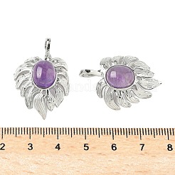 天然石アメジストペンダント  真鍮の葉のチャーム  プラチナ  ラックめっき  31x21x7.5mm  穴：7.5x3.5mm&nbsp;G-L623-04P-06