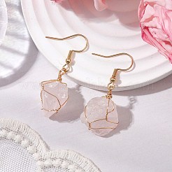 天然ローズクォーツと304ステンレススチールの女性用ダングルイヤリング  ゴールドカラー  ナゲット  35~40x10~19mm&nbsp;EJEW-JE06237-03