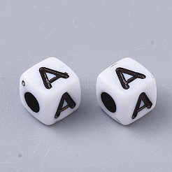 白い不透明なアクリルビーズ  水平穴  黒いアルファベットのキューブ  文字.a  4~5x4~5x4~5mm  穴：1.8mm  約600~650個/50g&nbsp;X-MACR-R869-02A