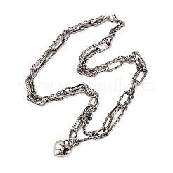女性用304ステンレススチールネックレス  二重層のネックレス  ハート  アンティークシルバー  19.49インチ（49.5cm）&nbsp;NJEW-C115-12AS