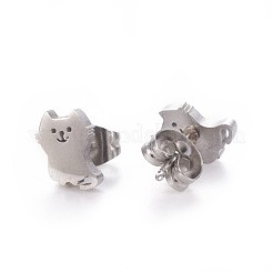 変色しにくい304ステンレススチールの子猫スタッドピアス  低刺激性のイヤリング  ピアスキャッチ/ピアスバックキャッチ付き  猫のシルエット  ステンレス鋼色  8x6mm  ピン：0.8mm  12のペア/カード&nbsp;EJEW-F227-10P