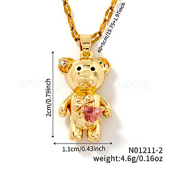 真鍮パヴェキュービックジルコニアのかわいいクマのペンダントネックレス（女性用）  ゴールドカラー  ピンク  15.75インチ（40cm）&nbsp;ZL7523-2
