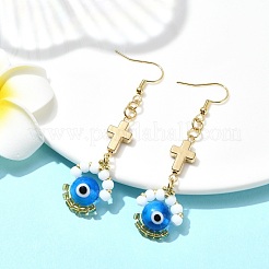 Handmade Seed Evil Eye & Cross Dangle Earrings&nbsp;EJEW-MZ00227-01