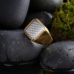 メンズステンレススチールフィンガー指輪  ワイドバンドリング  正方形  ホワイト  プラチナ  usサイズ10（19.8mm）&nbsp;RJEW-BB29400-C-10