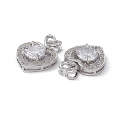 ブラスクリアキュービックジルコニアチャーム  ハートチャーム  プラチナ  22.5mm  穴：2x3.5mm&nbsp;KK-E068-VA121-1