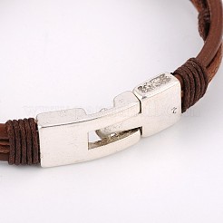 トレンディな牛革レザーコードマルチ連ブレスレット  ワックスコード付き  チベットスタイルのパーツとロックの留め金をスナップ  サドルブラウン  210mm&nbsp;BJEW-JB01734