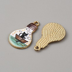 合金エナメルチャーム  ゴールドカラー  電球チャーム  猫の模様  25x15x1.5mm  穴：1.6mm&nbsp;ENAM-WH0061-29E