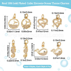 16Pcs 4 Style Ocean Theme Brass Micro Pave Clear Cubic Zirconia Charms&nbsp;KK-BBC0007-26