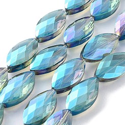 電気メッキクリスタルガラス馬の目ビーズ連売り  多面カット  虹色メッキ  シーグリーン  25x12x8mm  穴：1mm  約30個/連  29.5インチ&nbsp;EGLA-F071B-06