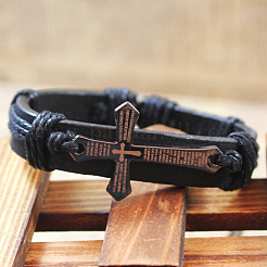 Adjustable Cross with Word Iron Braided Leather Cord Bracelets&nbsp;BJEW-P0001-02B