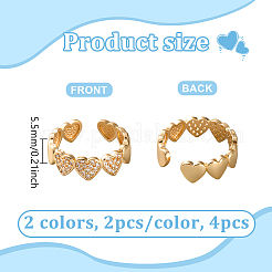 4個 2色 真鍮ラインストーン 調節可能なオープンカフリング 女性用  ハート  プラチナ＆ライトゴールド  5.5mm  2個/カラー&nbsp;RJEW-HY0001-03
